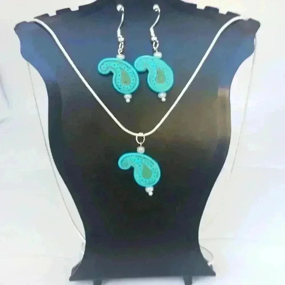 Turquoise Paisley Necklace and Earrings Set - Picture 1 of 4